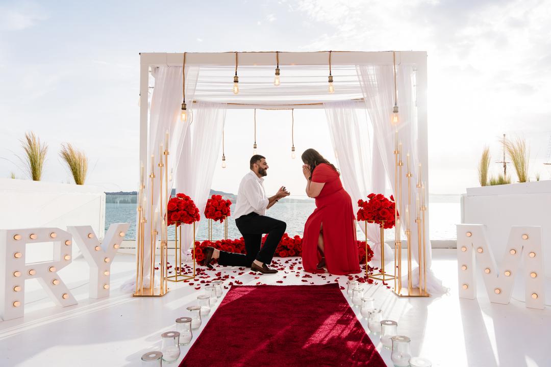 A man on one knee on a red carpet under a white canopy hung with filament bulbs and banked with red roses