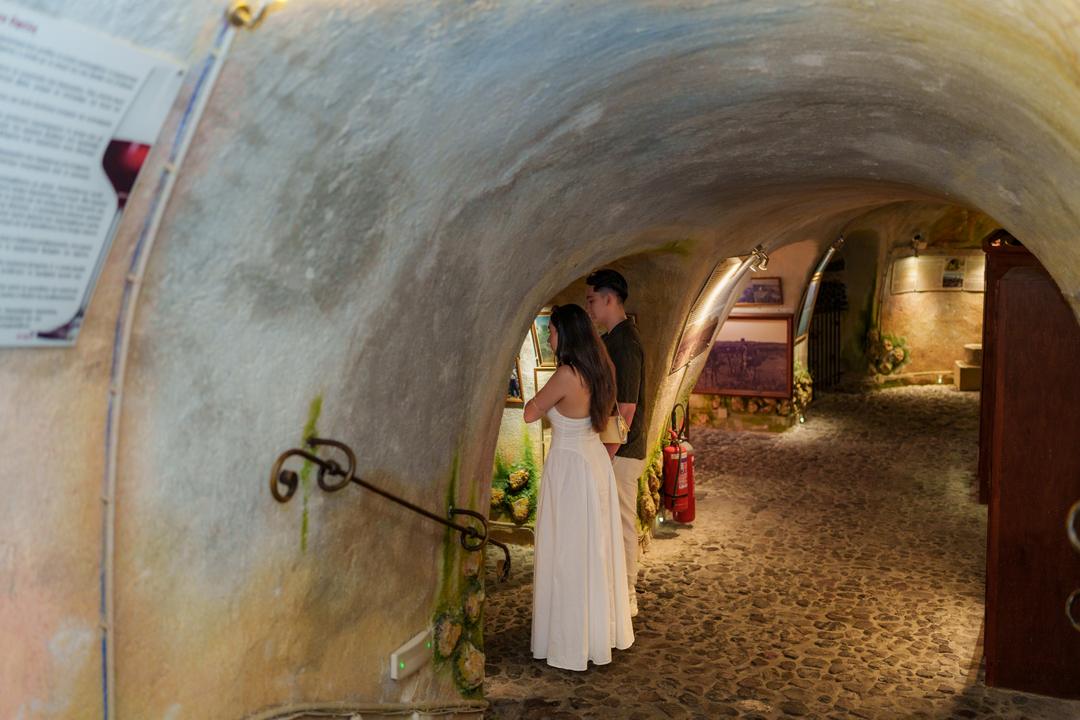 A long vaulted winery cellar tunnel lit warm, a woman standing in it reading the wall